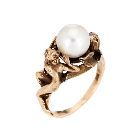 Nude Figural Ring Vintage 14k Yellow Gold Cultured Pearl Diamond Flower