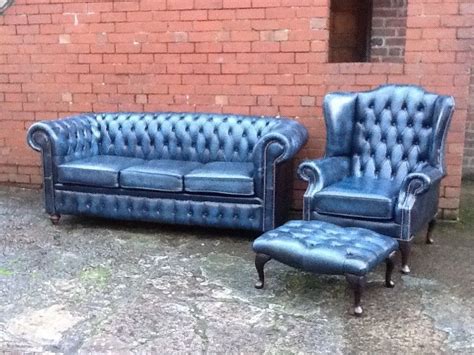 Stunning Antique Blue Leather Chesterfield Suite 3 Seater Sofa 1 Queen