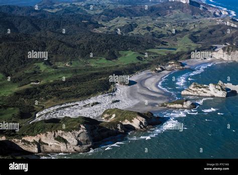 Wharariki Beach Aerial View Near Cape Farewell New Zealand Stock Photo