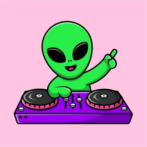 Cute Alien Playing Dj Music Cartoon Vector Icons Illustration Flat