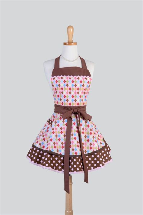 ruffled retro apron woman apron mocha brown pink polka dots etsy vintage style aprons retro