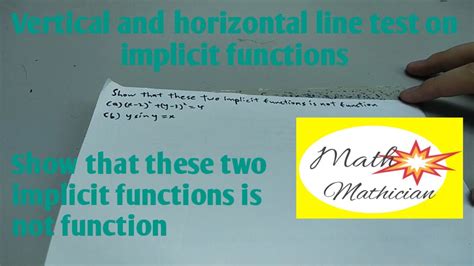In mathematics, the horizontal line test is a test used to determine if a function is injective, surjective or bijective. Vertical and horizontal line test on implicit functions ...