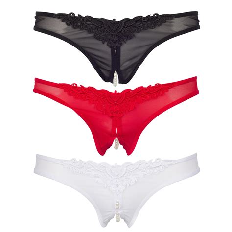 Womens Pearl Thong Panty Sexy Crotchless Lace Applique Underwear Panties Pack Of 3