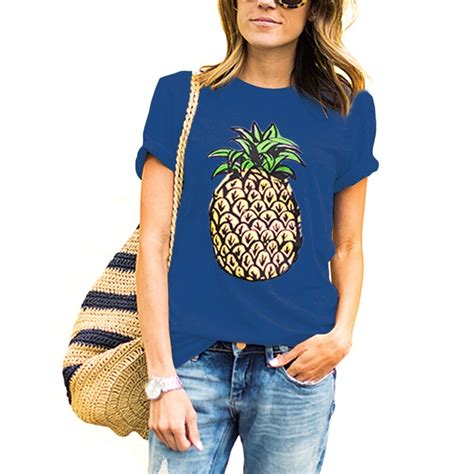 Women T Shirt Novelty Brief Pineapple Pattern Print Loose T Shirts O Neck Fashion Wild Top Tees
