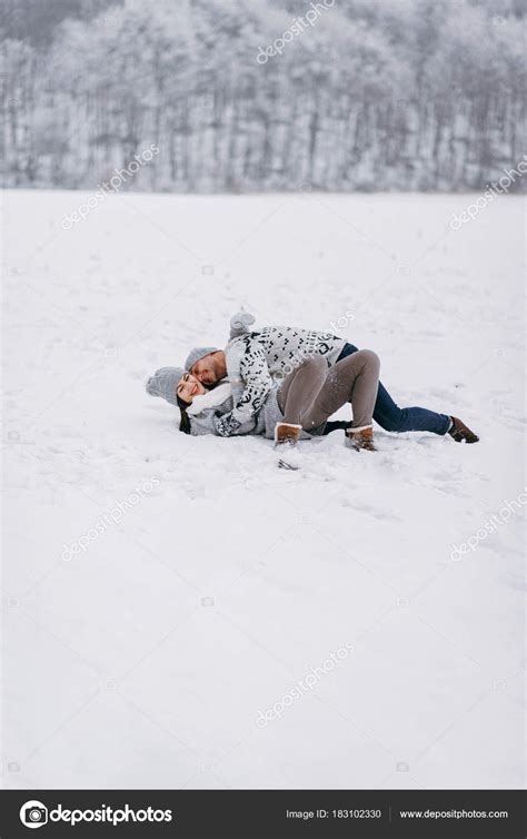 Romantic Couple Cuddling Snow Winter Park Stock Photo By ©bondart 183102330
