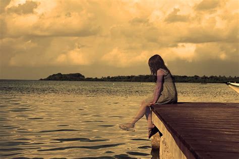 Hd Wallpaper Lonely Girl Lake Sepia Alone Dock Landscape Sad