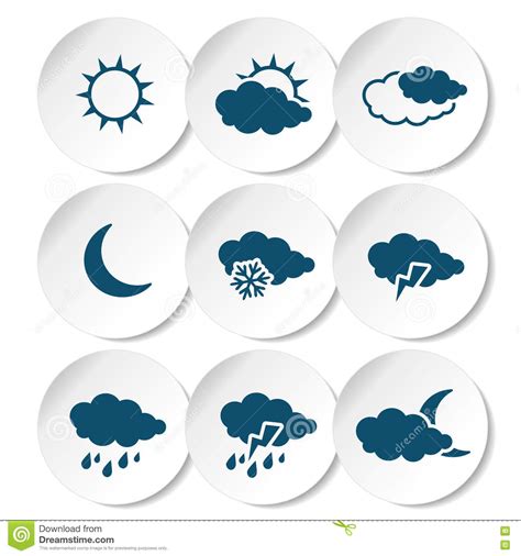 Set Of White Rounded Stickers With Dark Blue Weather Symbols Elements