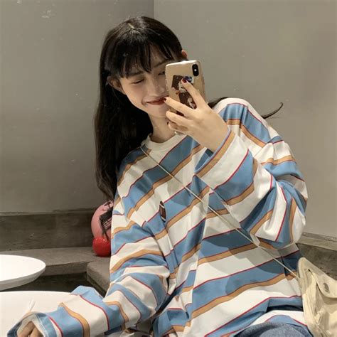 Loose Embroidered Striped T Shirt Women S Sweatshirts Japanese Harajuku Ulzzang Female Korean