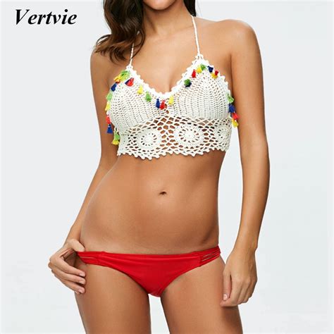 Buy Vertvie Sexy Bandage Print Bikini Crochet Women Hollow Knitted Swimsuit