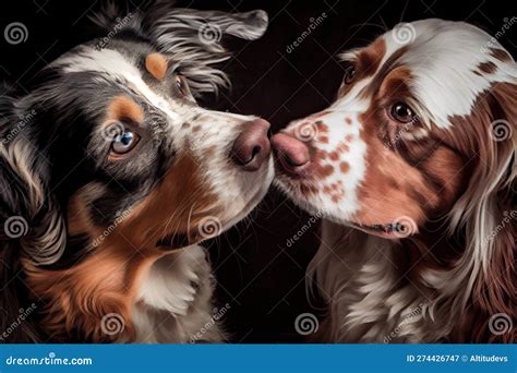 Two Dogs, with Their Heads Together and Tails Wagging, Sharing an