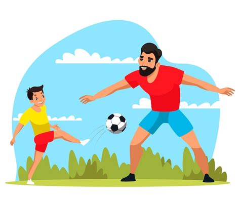 Papá E Hijo Juegan Al Fútbol En El Parque El Niño Patea La Pelota El