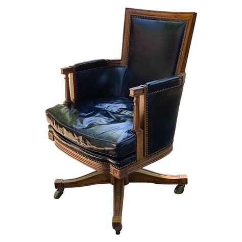 Antique vintage wood and leather rolling office chair~swivel~adjustable~wheels. Vintage Black Leather and Oak 'Baker' Swivel Office Desk ...