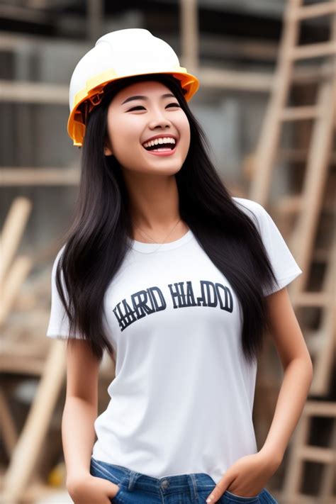 false ibex383 a hot asian girl wears a construction hard hat t shirt laughing whole body no