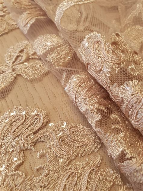 Beige Floral Pattern Embroidery With Sequins On Tulle Lace Fabric D