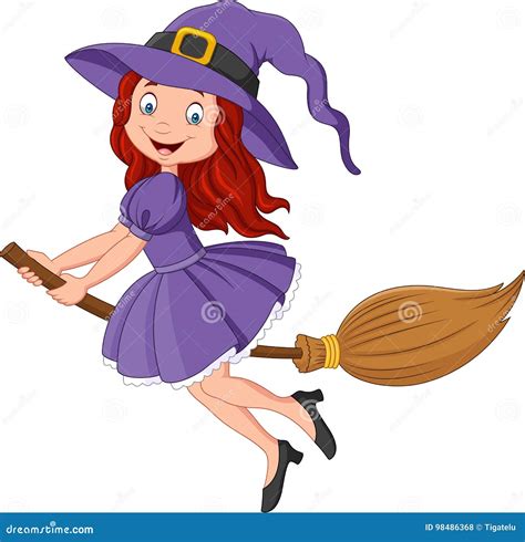 Cartoon Young Witch Flying With A Broom Stock Vector Illustration Of
