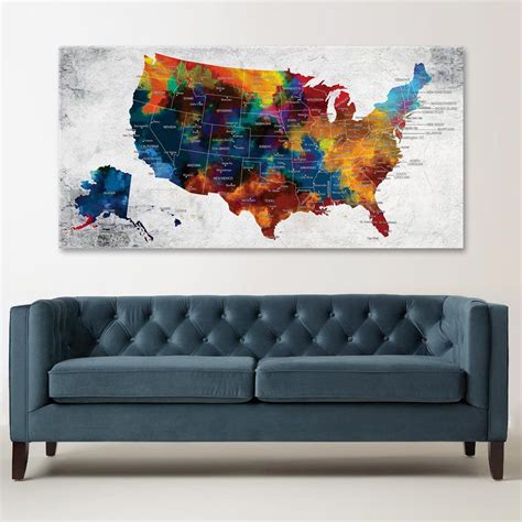 Us Map Canvas Wall Art Push Pin Travel Map Colorful United Etsy Map