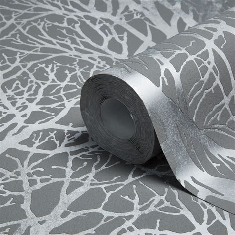 Woodland Wallpaper Trees Abstract Metallic Modern Grey