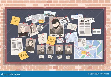 Detective Board With Pins And Evidence, Crime Investigation Cartoon