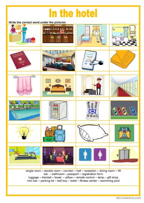 Picture Dictionary In The Hotel English Esl Worksheets Pdf And Doc