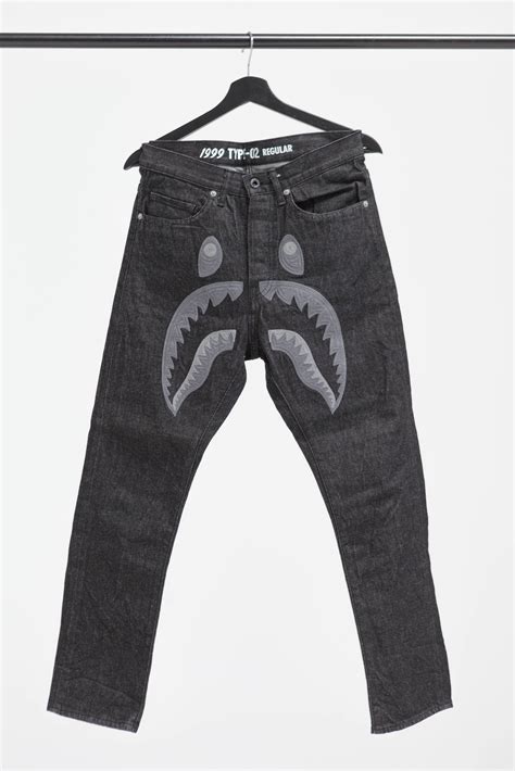 Bape A Bathing Ape Bape Denim Grey Shark Embroidery Logo Jeans