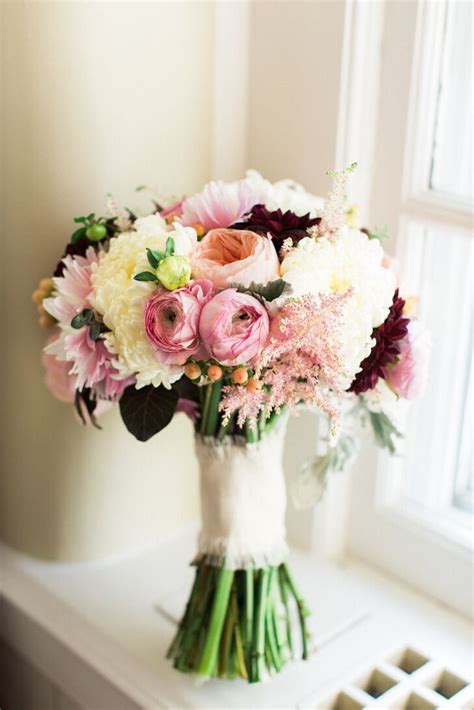 Pink lily, rose and chrysanthemum hand tied flower bouquet made fresh. Pink Garden Rose and Dahlia Bridal Bouquet