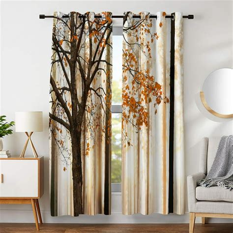 Blackout Window Curtains Maple Tree Printing Silky Satin Brown Orange