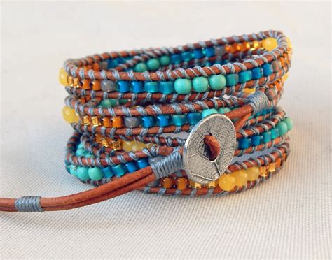 Leather Beaded 5x Wrap Bracelet With Honey Jade And Turquoise