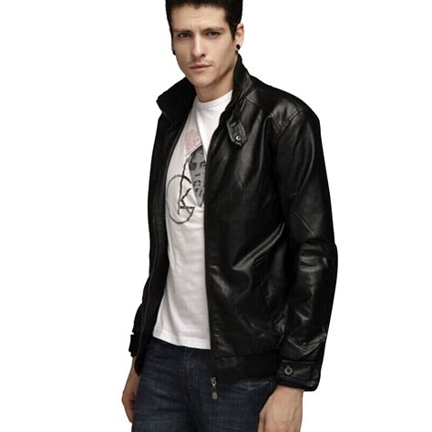 Wholesale Men Motorcycle Faux Leather Coat Stand Collar Ribbed Hem Slim