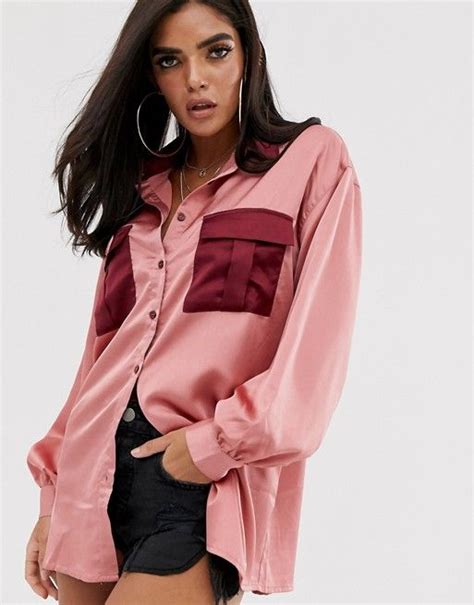 Missguided Chemise Oversize En Satin Avec Poches Contrastantes Rose