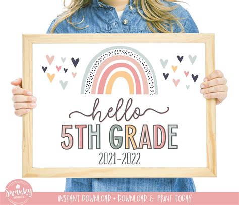 Boho Rainbow Hello Fifth Grade Sign First Day Of Fifth Grade Etsy