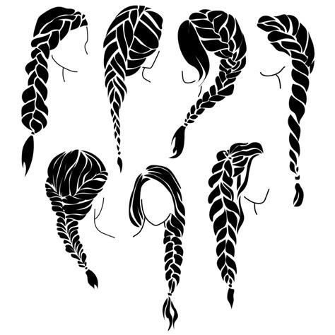 Set Of Braids Silhouettes Beautiful Female Hairstyle With Braiding