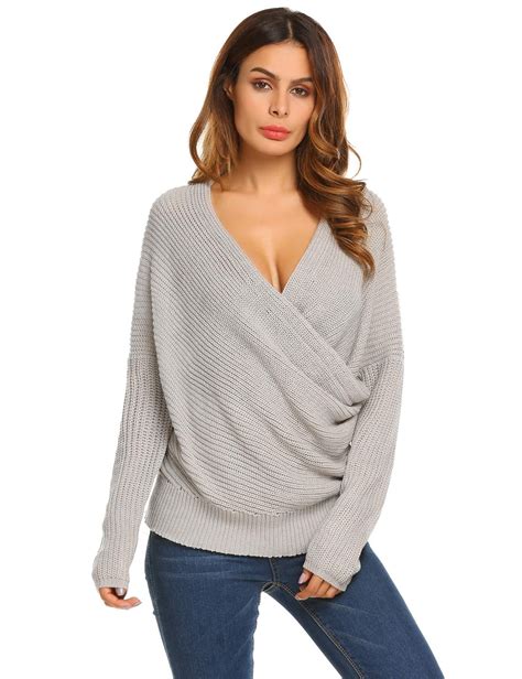 women casual long sleeve solid loose wrap front v neck cable knit pullover sweater hfon