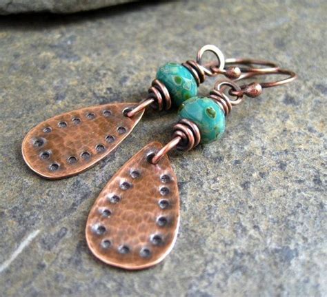 Hammered Copper And Turquoise Earrings By Shawna Copper Earrings