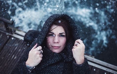 free images water person snow cold girl woman model darkness black lady hood