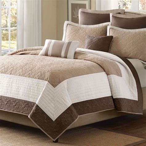 King Brown Ivory Tan Cream 7 Piece Quilt Coverlet Bedspread Set Bed