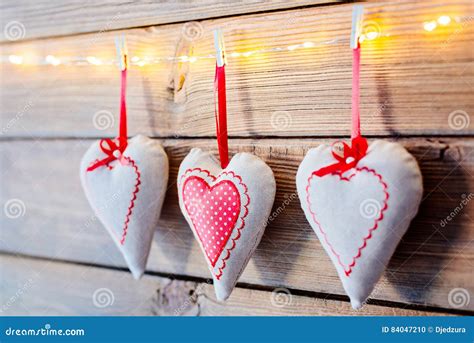 Textile Hearts On Old Wooden Rustic Background Stock Photo Image Of