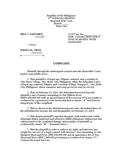 Example of complaint against attorney. Sample Complaint for Collection for a Sum of Money ...