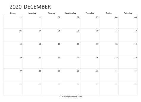 Editable December Calendar 2020 Landscape Layout