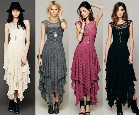 Boho People Hippie Style Asymmetrical Embroidery Sheer Lace Dresses Double Layered Ruffled