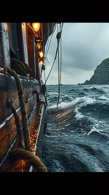Premium Photo Old Wooden Sailing Ship On A Stormy Sea With An Island