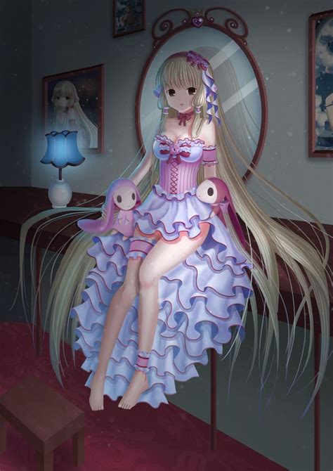 1girl absurdres ankle cuffs barefoot blonde hair breasts brown eyes chii chobits cleavage dress