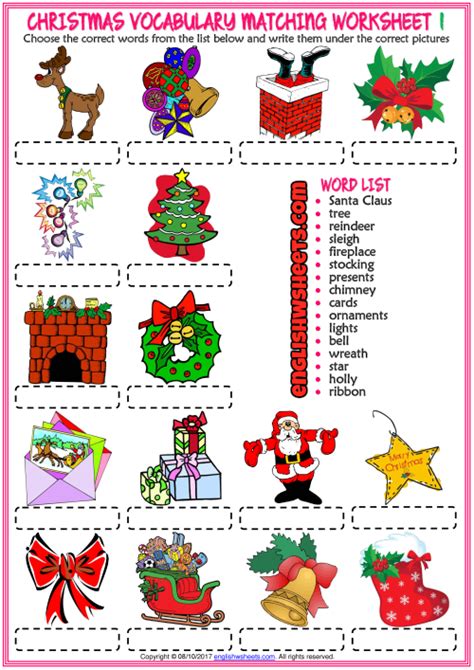 This post has tons of free christmas prinable activities, games, and worksheets for kids! Christmas ESL Vocabulary Matching Exercise Worksheets