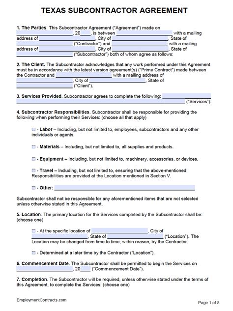 texas subcontractor agreement template  word