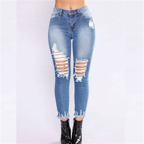 Drop Shipping Slim Fit Long Jeans Women Mid Waist Skinny Pencil Denim Pants Ripped Hole Stretch