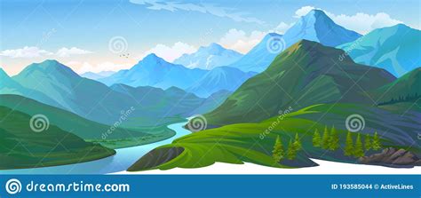 A Landscape Of A Green Valley And The Blue Mountains A River Flowing