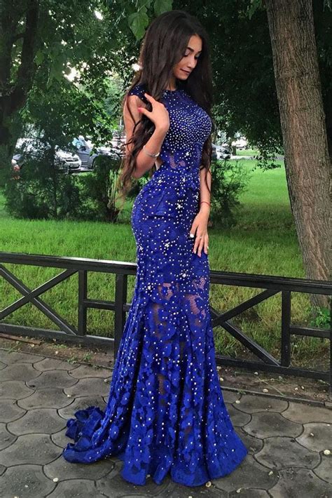 Mermaid Royal Blue Jewel Beading Sweep Train Lace Backless Prom Dress Promdressmeuk