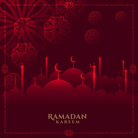 Glowing Red Ramadan Kareem Background With Mosque Free Vector