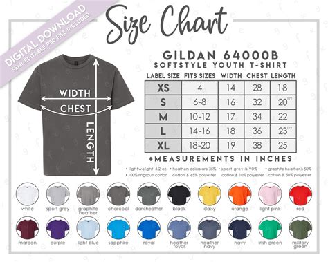 Semi Editable Gildan 64000B Size Chart Color Chart Gildan Softstyle