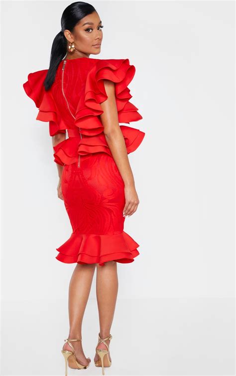 Red Ruffle Detail Plunge Midi Dress Prettylittlething Usa