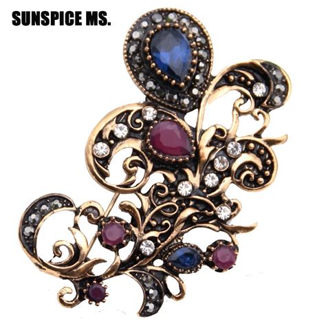 Wholesale Turkish Resin Flower Brooch Pins Antique Gold Color Indian Retro Spray Brooches